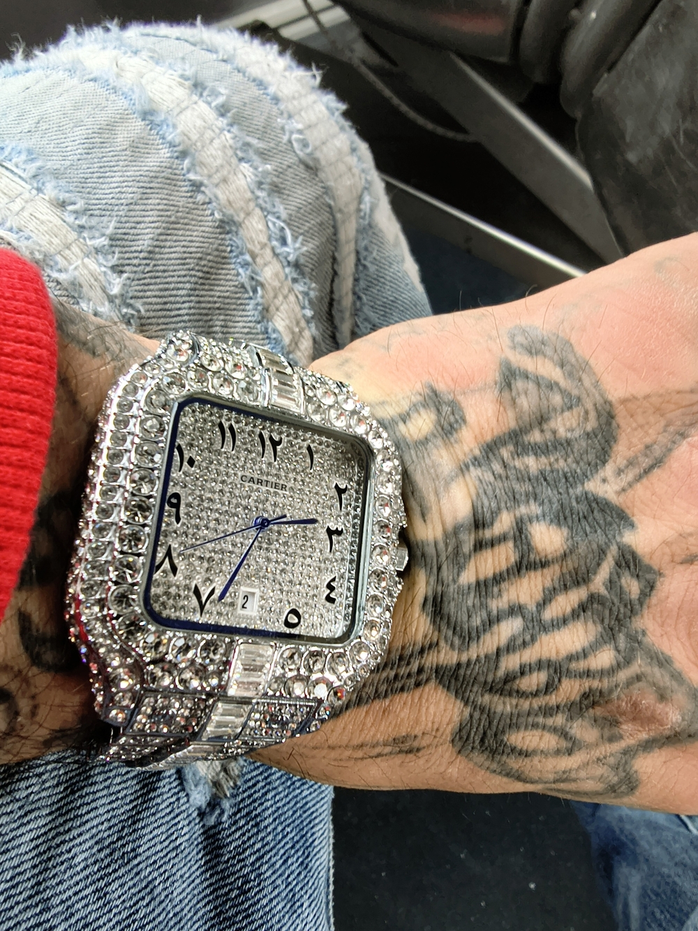 Cartier Silver Crystal-Paved Square Watch with Blue Hands